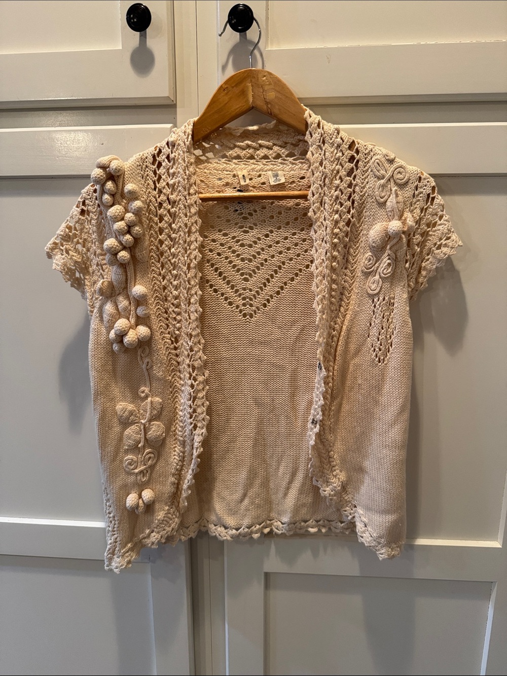 Moth Cream Crochet Short Sleeve Open-Front Cardigan